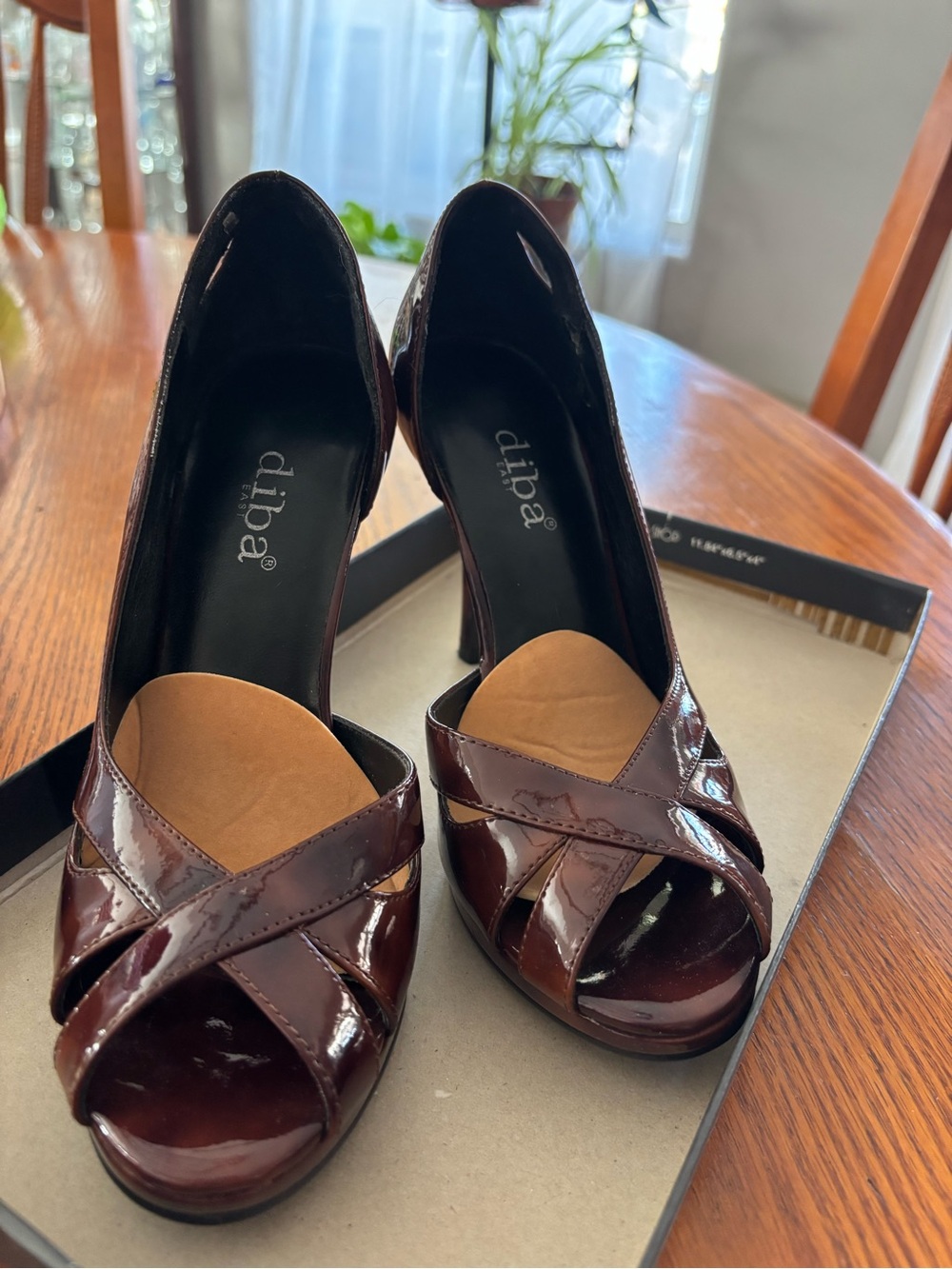 Diba Brown Patent Peep-Toe Heels with Crossover Straps